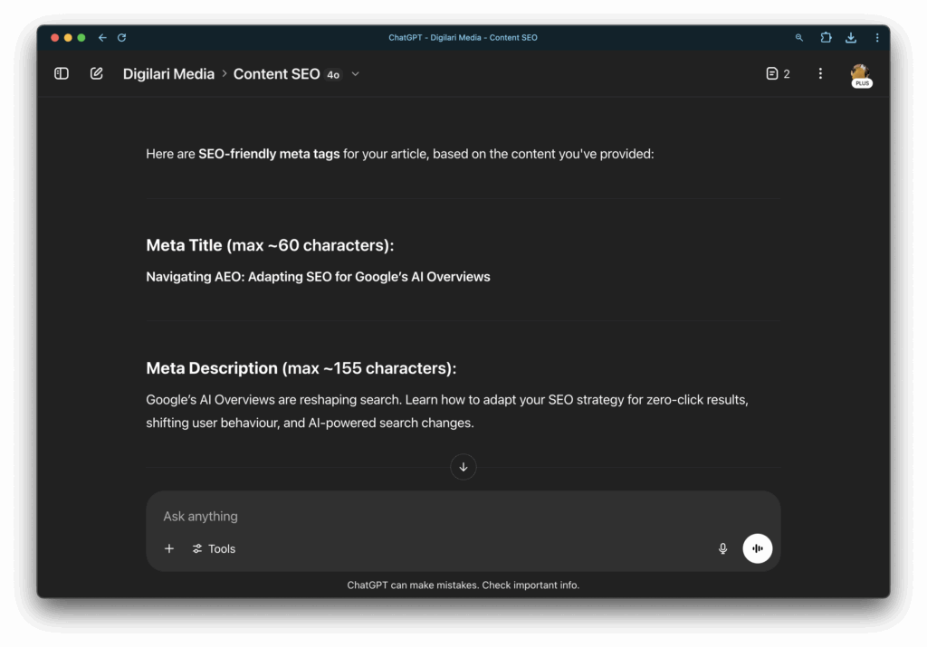 ChatGPT interface displaying meta tag suggestions